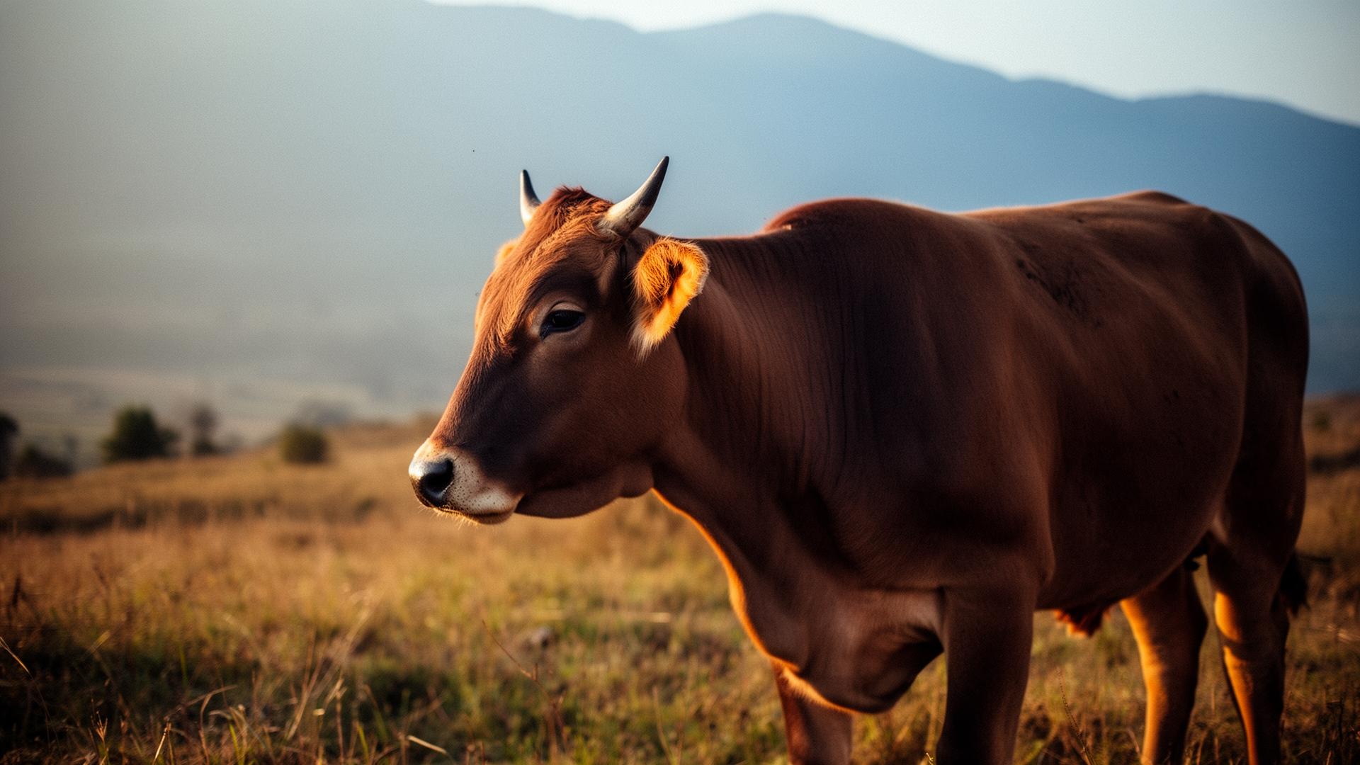 A heifer at pasture in soft highland light